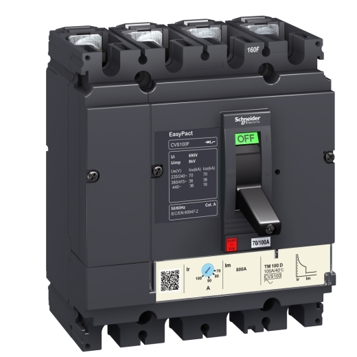 LV525343 circuit breaker EasyPact CVS250F, 36 kA at 415 VAC, 250 A rating thermal magnetic TM-D trip unit, 4P 3d