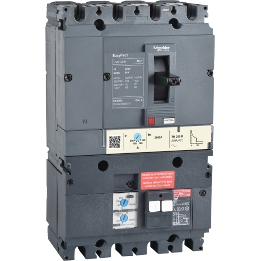 LV525373 circuit breaker EasyPact Vigi CVS250B, 25 kA at 415 VAC, 250 A rating TM-D trip unit, MH Vigi module, 4P 3d